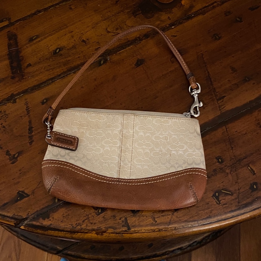 Coach Beige Signature Canvas and Brown Leather Wristlet